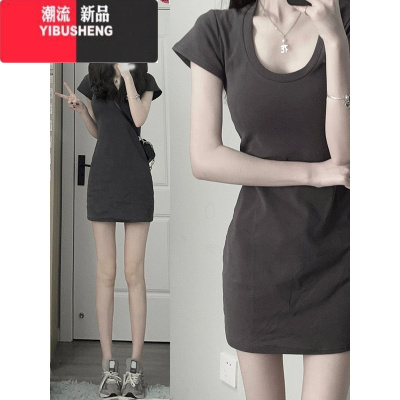 YIBUSHENG小个子甜辣妹u领连衣裙女季高级感修身T恤裙性感包臀短裙子