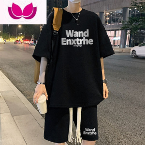 七斓休闲套装男夏季薄款华夫格短袖短裤一套青少年T恤2023新款运动服