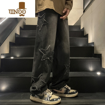 YANXU高街牛仔裤男款夏季美式刺绣设计感直筒长裤潮牌ins宽松阔腿裤子