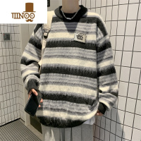 YANXU毛茸茸圆领毛衣男冬季条纹撞色宽松百搭针织衫ins潮牌情侣毛线衣