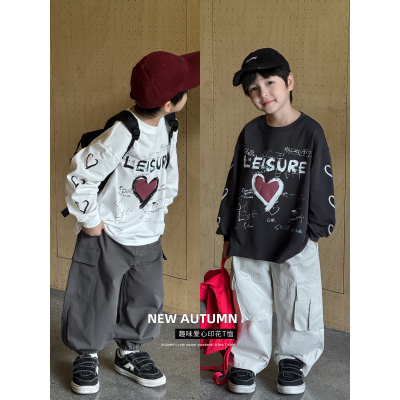 童酷男童秋款湖州织里童装潮酷爱心字母印花儿童T恤打底衫帅