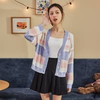 [1折价32.9元叠加优惠券]唐狮春装新款针织开衫女V领外穿撞色短款上衣