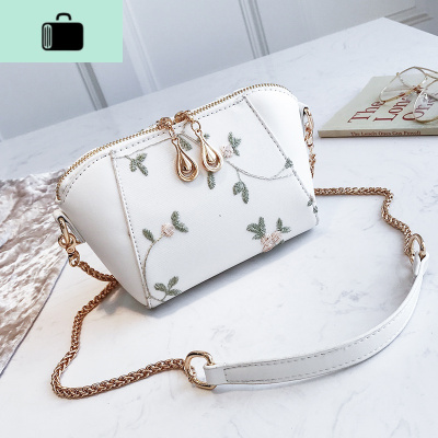 刺绣贝壳小包包女2020潮时尚少女流行新款链条车缝线单肩斜跨包包NEW LAKE 白色女斜挎包