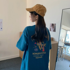 前后印花夏装韩版女式新款中长款短袖T恤女宽松学生情侣衣服