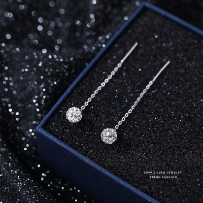 S999纯银满天星锆石流苏耳线女养耳洞耳钉轻奢耳环简约气质耳饰送女朋友老婆情人节七夕生日礼物