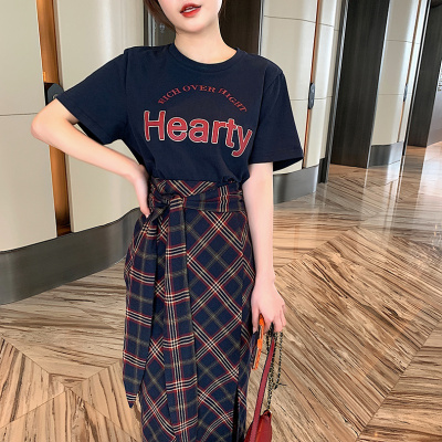 雅馨季时尚套装女复古格子半身裙春夏2021年新款设计感小众裙子开叉包臀裙两件套女蓝色T恤藏青半裙套装M