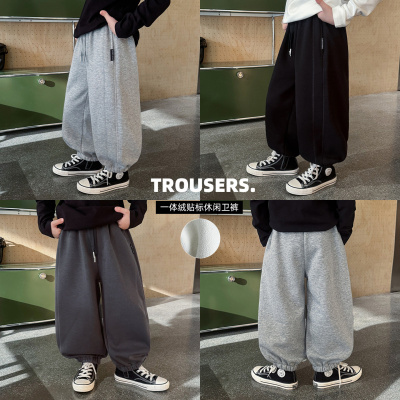 童酷男童冬季新款百搭字母贴标宝宝休闲裤腰绳一体绒宝宝卫裤