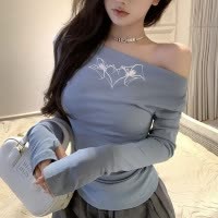 性感一字领长袖T恤女冬装纯欲印花褶皱内搭打底衫修身露锁骨上衣