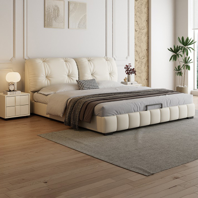 轻奢奶油风真皮床现代简约主卧室双人床轻奢高端大气软包储物婚床