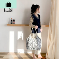 原创设计迷宫线条托特包包女百搭大容量简约学生单肩帆布袋WNEW LAKE女斜挎包
