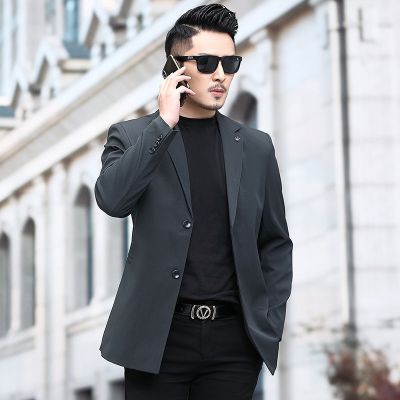 梵克公牛季纯色休闲西装男上衣单件修身英伦风小西服身外套男帅气军绿色170/M