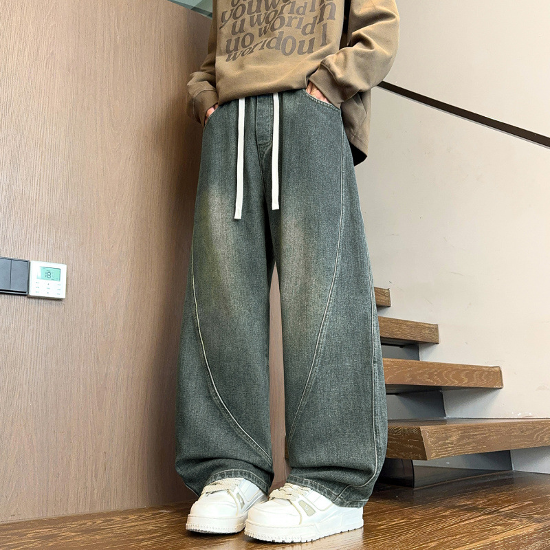 阔腿牛仔裤男复古直筒宽松美式水洗弯刀工装裤潮牌拼接宽松男装裤