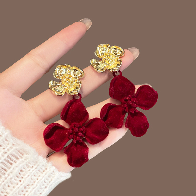 安可拉红花朵蝴蝶结耳钉小众设计感轻奢时尚耳饰秋冬百搭气质耳环送女朋友老婆情人节七夕生日礼物