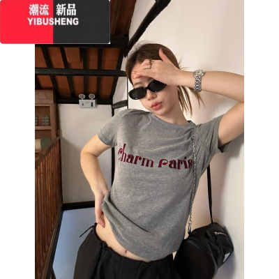 YIBUSHENGChendafei 上衣女2024新款宽松t恤磨毛感透气字母撞色短袖