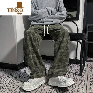 YANXU格子裤男英伦直筒垂感ins潮牌港风日系潮流休闲复古宽松裤子