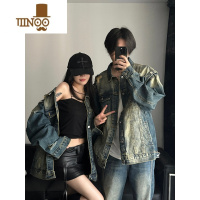 YANXU美式复古水洗做旧牛仔外套早秋情侣装设计感宽松破洞翻领夹克上衣