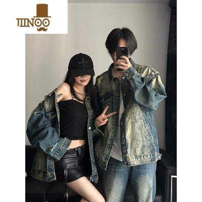 YANXU美式复古水洗做旧牛仔外套早秋情侣装设计感宽松破洞翻领夹克上衣