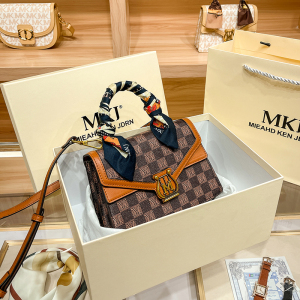 MKJ欧美时尚女士包包2023新款真皮女包复古棋盘格手提小方包百搭斜挎单肩包 咖啡