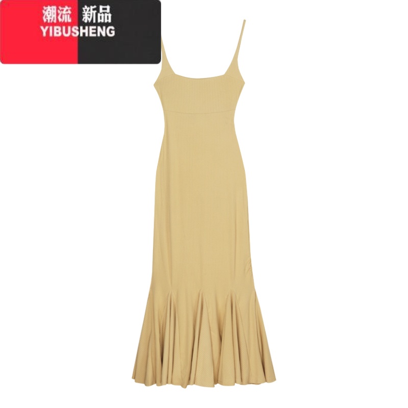 YIBUSHENG黄色法式吊带连衣裙女季纯欲风裙子高级感步步生莲鱼尾包臀长裙