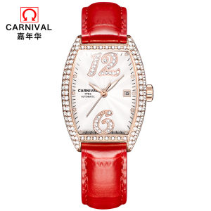 正品嘉年华Carnival手表自动机械表 女士防水时尚潮流款带日历水钻真皮革新款女表夜光腕表酒桶型8857