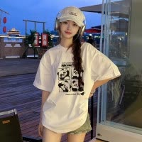 [1折价26元]唐狮夏季女四宫格创意熊猫图案圆领短袖T恤可爱百搭休闲减龄