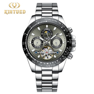 新款KINYUED全自动机械男士手表商务风带星期/月相多功能机械表男表
