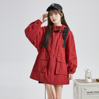 [1.5折价115元]唐狮新款春季新款工装外套女中长款连帽红色休闲上衣宽松