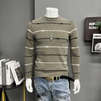 秋冬新款修身条纹长袖毛衣男士上衣服圆领套头针织衫休闲时尚毛衫