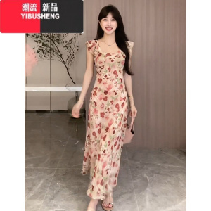 YIBUSHENG浪漫小飞袖碎花连衣裙女季法式复古气质设计感高腰初恋精致裙子