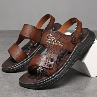 男士皮凉鞋夏季真皮软底防滑沙滩鞋新款休闲灰色超纤皮外穿凉拖鞋