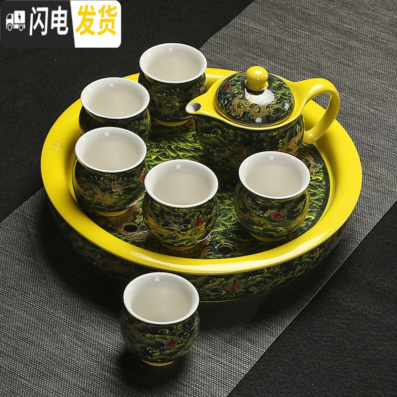 三维工匠 大号隔热防烫双层茶具套装整套功夫泡茶壶茶杯陶瓷茶盘家用 黄海浪套装 8件