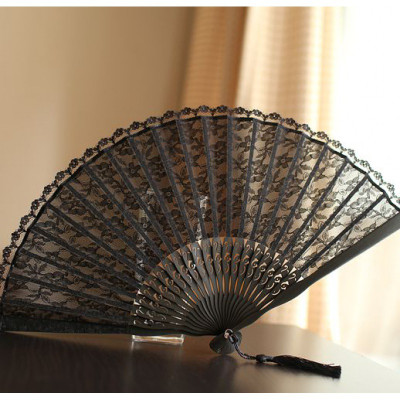 限今天超精致精美双层蕾丝扇日式折扇竹柄折扇扇子女扇三维工匠贝壳款黑色蕾丝花边