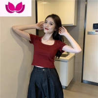 七斓酒红色方领短袖t恤女夏季ins潮紧身体恤网红心机短款露脐辣妹上衣