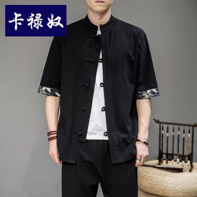 卡禄奴2021新款夏季中国风亚麻衬衫男短袖衬衣中式盘扣唐装刺绣汉服棉麻半袖上衣