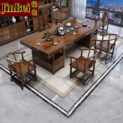 锦北 原木大板茶桌椅组合茶海茶桌办公室茶几茶道喝茶桌套装一体2.2米抽屉储物大板+1富贵椅4围椅