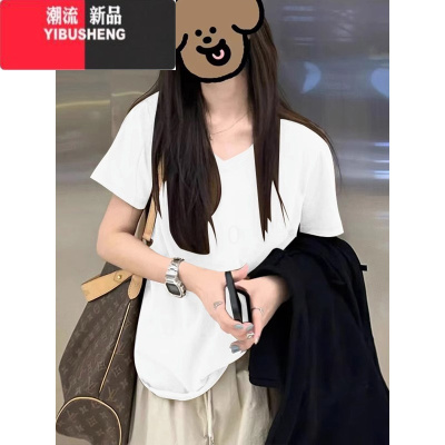 YIBUSHENG韩系字母印花v领短袖t恤季正肩宽松休闲风体恤上衣女款