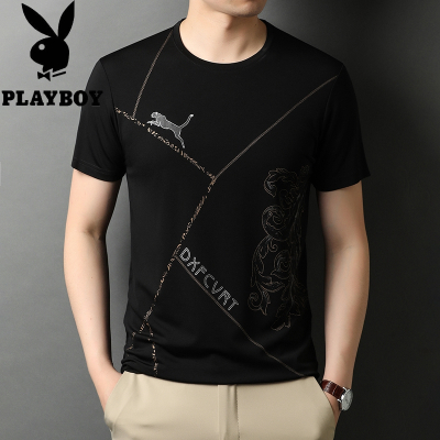 花花公子品牌冰丝棉印花男士短袖T恤圆领时尚休闲男装体恤衣服薄款2021夏天新款