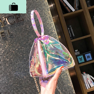 包包女2020新款三角粽子镭射手提包可爱少女七彩单肩包链条斜挎包NEW LAKE女士单肩包