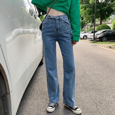 迪鲁奥（DILUAO)婚礼妈妈装喜婆婆秋装韩版2021新款高腰显瘦阔腿长裤设计感纽扣网红水洗全棉牛仔布裤女装蓝色