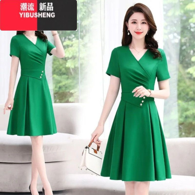 YIBUSHENG季v领连衣裙女新款时尚气质淑女减龄洋气收腰显瘦中长裙子
