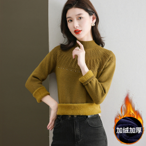 羊绒衫女半高领毛衣短款套头宽松加大码韩版加厚羊毛打底衫毛衣女春秋新款字母加厚一体加绒中年妈妈针织保暖打底衫