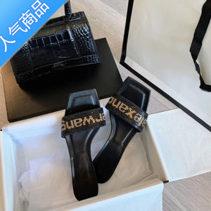 SUNTEK[徐小胖]aw大王水钻一字拖鞋女网红方头露趾字母性感高跟凉拖鞋