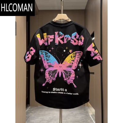 HLCOMAN夏季新款蝴蝶发泡彩绘印花短袖男潮牌痞帅刺绣休闲半袖情侣款T恤