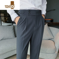 YANXU夏季那不勒斯西裤男士修身小脚裤高腰商务纯色直筒休闲长裤子意式