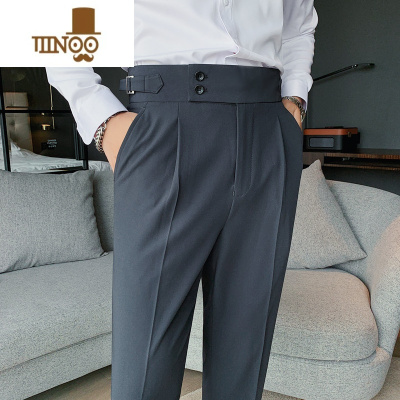 YANXU夏季那不勒斯西裤男士修身小脚裤高腰商务纯色直筒休闲长裤子意式