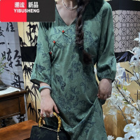 YIBUSHENG[灼影绿]HL棉绸季新中式绿色气质宽松连衣裙印花宽松长裙显瘦