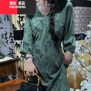YIBUSHENG[灼影绿]HL棉绸季新中式绿色气质宽松连衣裙印花宽松长裙显瘦