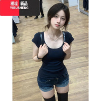 YIBUSHENG黑色u领正肩掐腰短袖t恤女季小个子短款甜辣妹修身显瘦上衣