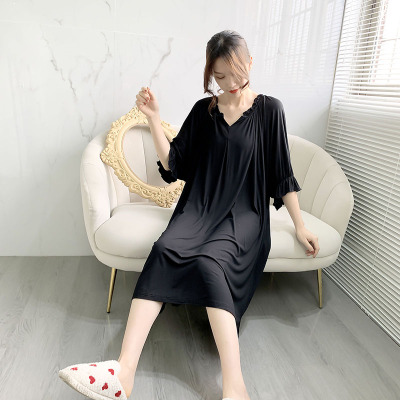 HLCOMAN大码莫代尔中长款睡裙夏季过膝胖MM薄款纯色短袖宽松200斤家居服睡裙