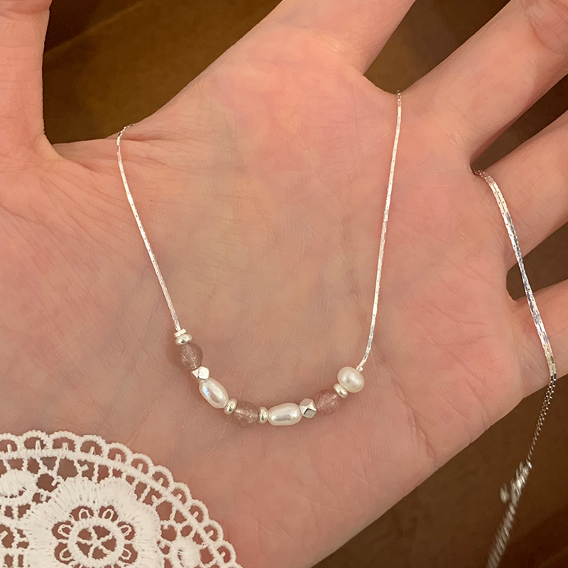 纯银草莓晶天然珍珠项链高级感轻奢小众颈链配裙子锁骨链银饰
